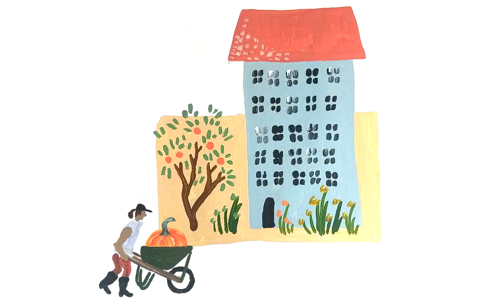 Painting of woman pushing wheel barrow in front of unit block.